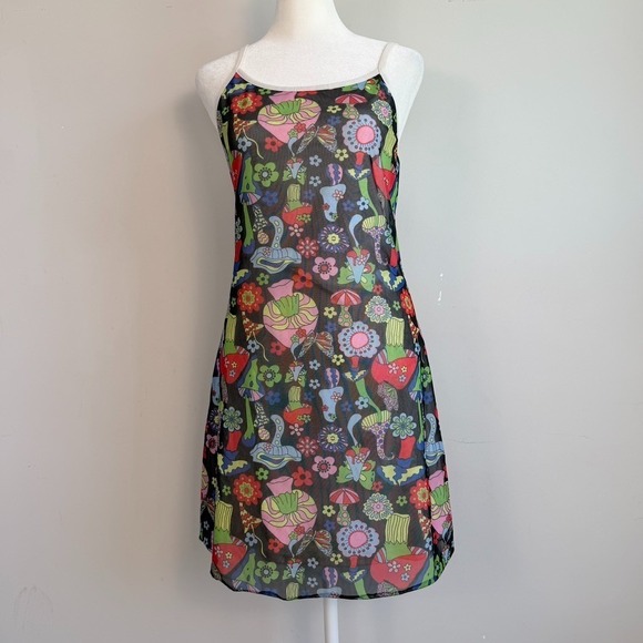 Wowo Dresses & Skirts - Wowo Mesh Overlay Mushroom Floral Print Slip Mini Dress XL Whimsigoth Fairy Y2K